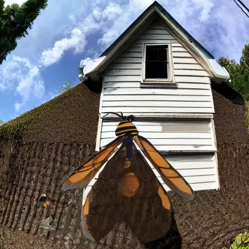 Image similar to a photo of a giant bee on an house, wide angle