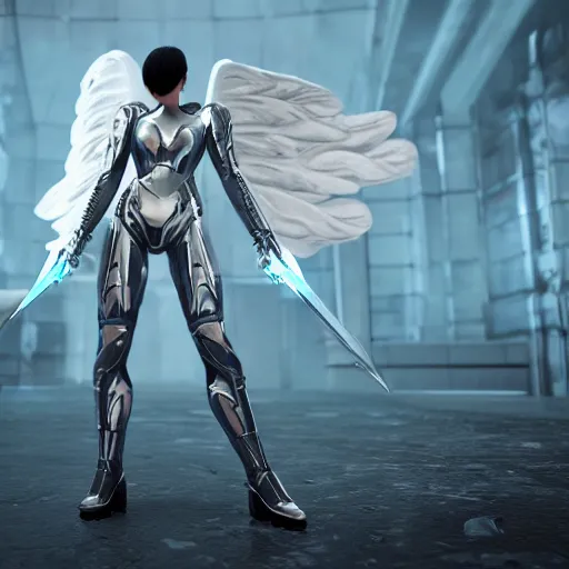 Image similar to futuristic angel wearing high tech armor, bayonetta, rendered in unreal engine, ultra realistic, 4k