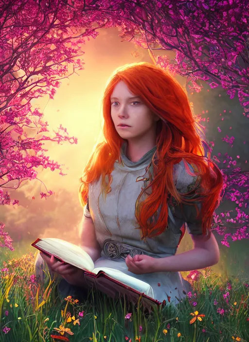 Image similar to An epic fantasy comic book style portrait painting of a young red headed girl reading a book in a field of flowers surrounded by bees, unreal 5, DAZ, hyperrealistic, octane render, cosplay, RPG portrait, dynamic lighting