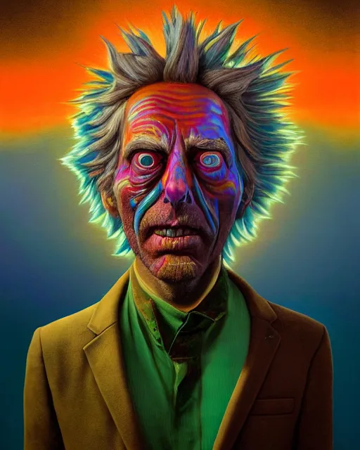 Prompt: portrait ultra dimensional rick sanchez entity, accidentally tripping on dmt and acid, psychedelic experience, overwhelming psychosis of self realization and burning awakening, ultra high definition, unreal engine 5, hyperrealism, masterpiece composition, by casey weldon, barclay shaw 8 k photorealistic