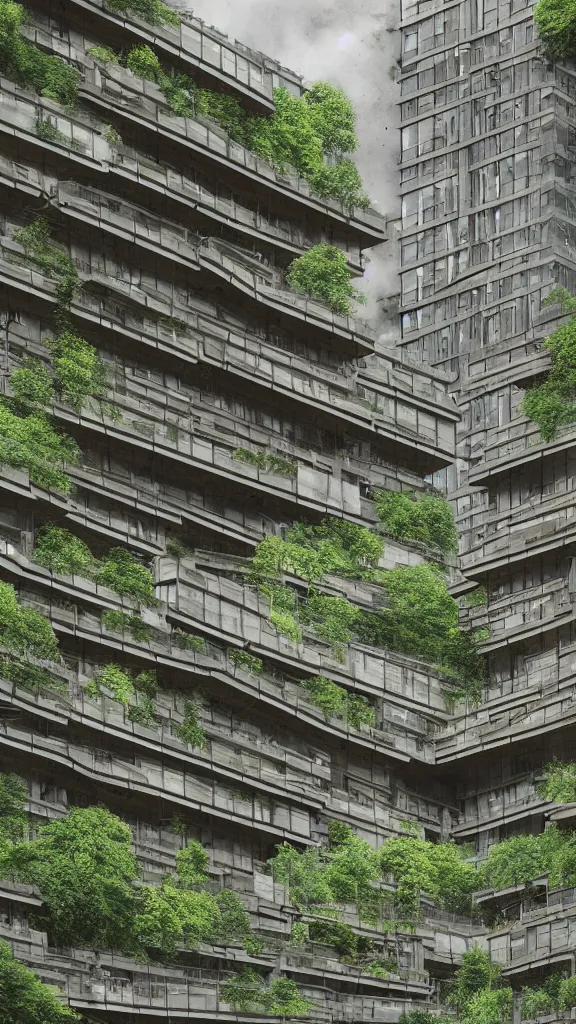 Prompt: historical photo in style of hiroshige and hilla and bernd becher. biopunk timber futuristic building in a urban setting. hyper realistic. cloudy morning. mossy buildings have deep tall balconies with plants, trees, and many figures in bright clothing. thin random columns, large windows, deep overhangs. greeble. 8 k, volumetric lighting.