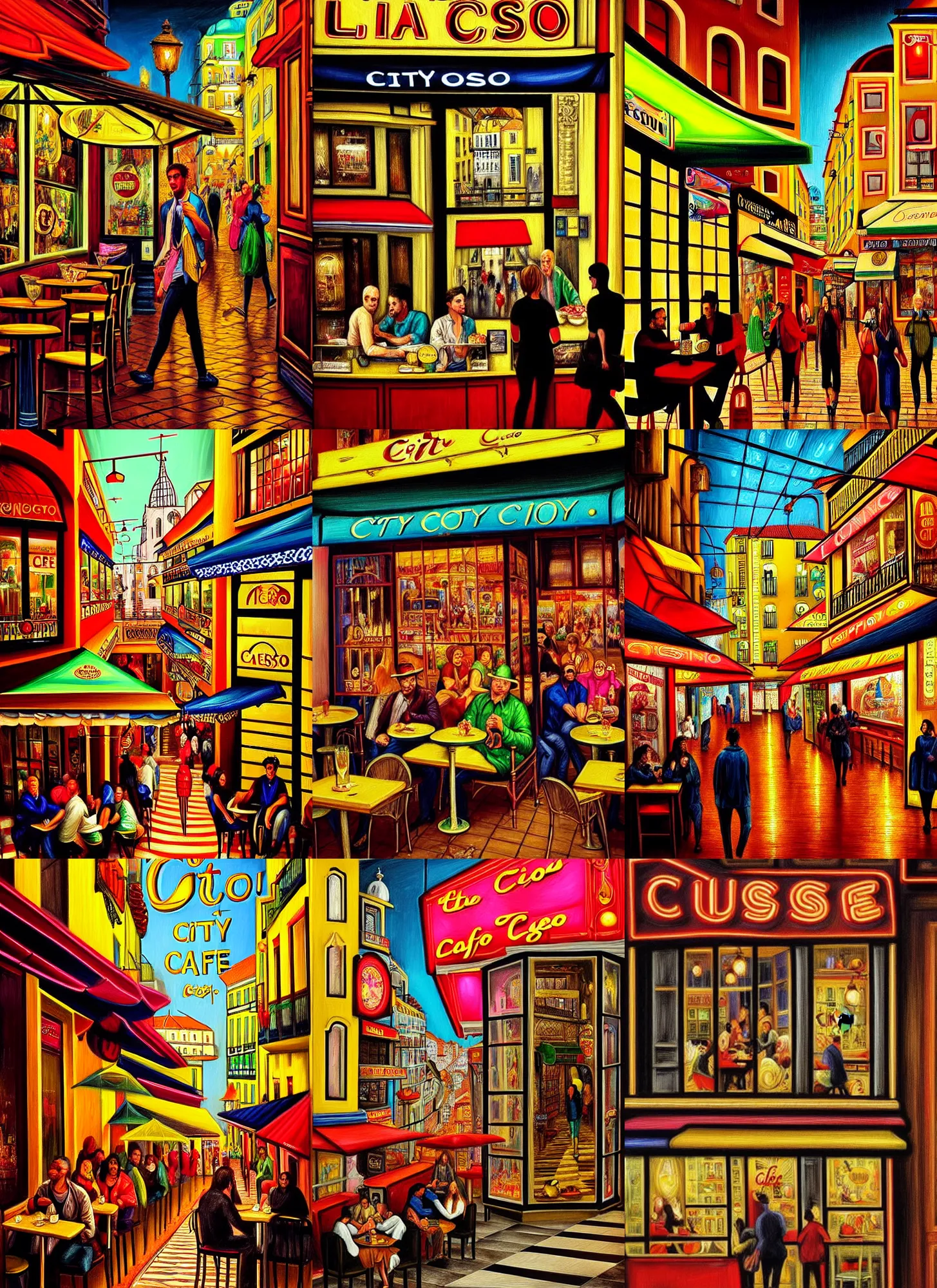 Prompt: The City of Lisbon in a cafe shop there is many people walking and advertisements are everywhere, neon city, Neo Rococo Expressionist, Maximalism, orientalism, diffuse lighting, fantasy, intricate, elegant, highly detailed, lifelike, photorealistic, digital painting, artstation, illustration, concept art, smooth, sharp focus, art by John Collier and Albert Aublet and Krenz Cushart and Artem Demura and Alphonse Mucha