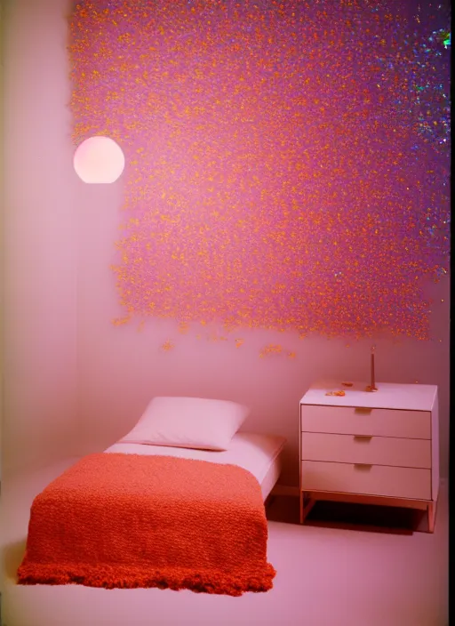 Prompt: realistic product photo of a bedroom covered in shriveling dead semi - translucent iridescent coral reef, emitting aura, the lighter is designed by dieter rams, 1 9 6 0, life magazine photo, natural colors, metropolitan museum, kodak, 8 k, very detailed, high resolution, product photo,