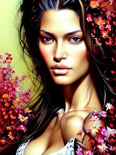 Image similar to a portrait of latina supermodel with a floral background by karol bak, artgerm, moebius, yoji shinkawa : : portrait, illustration, photorealism, hyperrealism