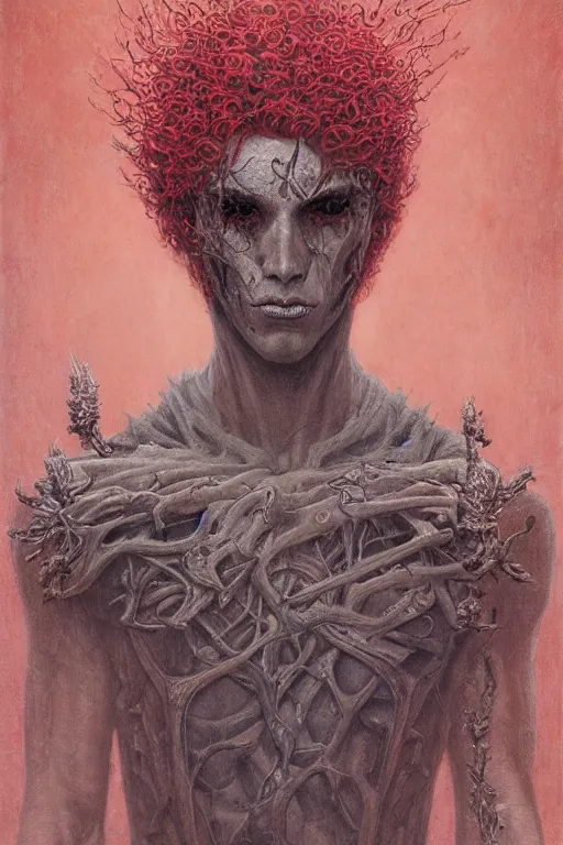 Image similar to portrait of beautiful gothic young man, thunderstorm, cyber armor, a lot of scars, more and more flowers, red head, the middle ages, highly detailed, artstation, illustration, art by jean delville, 8 k quality, art by greg gandy and dragan bibin