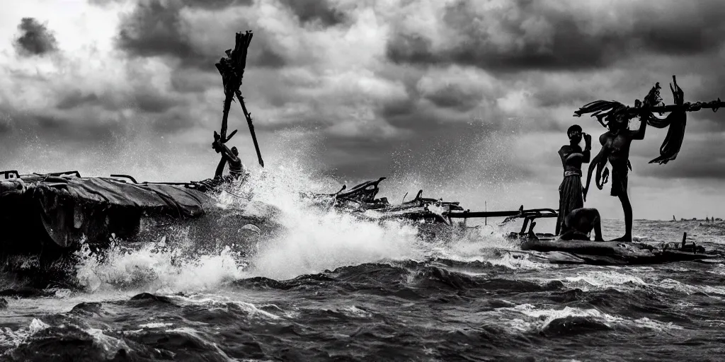 Image similar to sri lankan mad max style on boats, ocean, film still, epic shot cinematography, rule of thirds