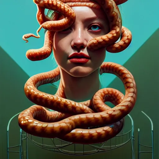 Image similar to medusa with sausages instead of snakes. no snakes. intricate abstract. intricate artwork. by tooth wu, wlop, beeple, dan mumford. trending on artstation, greg rutkowski very coherent symmetrical artwork. cinematic, hyper realism, high detail, octane render, 8 k, iridescent accents