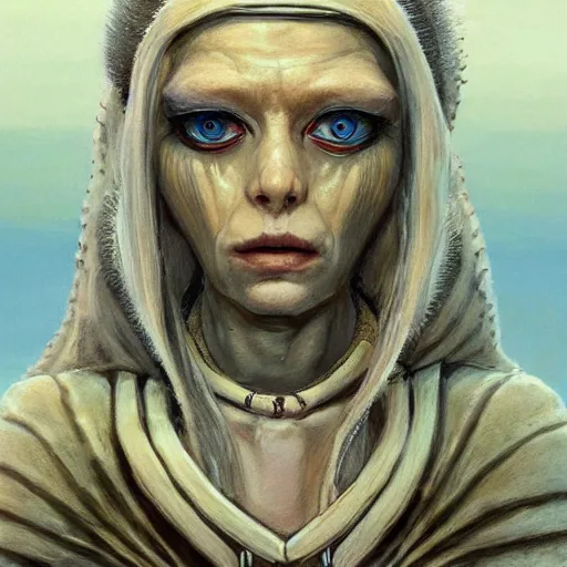 Image similar to portrait of small, rubbery, huge-eyed, big-lipped albino mutant priestess with elaborate white hair; Dune concept art by Anato Finnstark, Margaret Keane, Greg Rutkowski, and Studio Ghibli