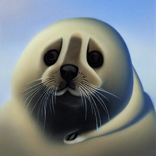 Image similar to portrait of a baby harp seal super hero, oil painting by alex ross
