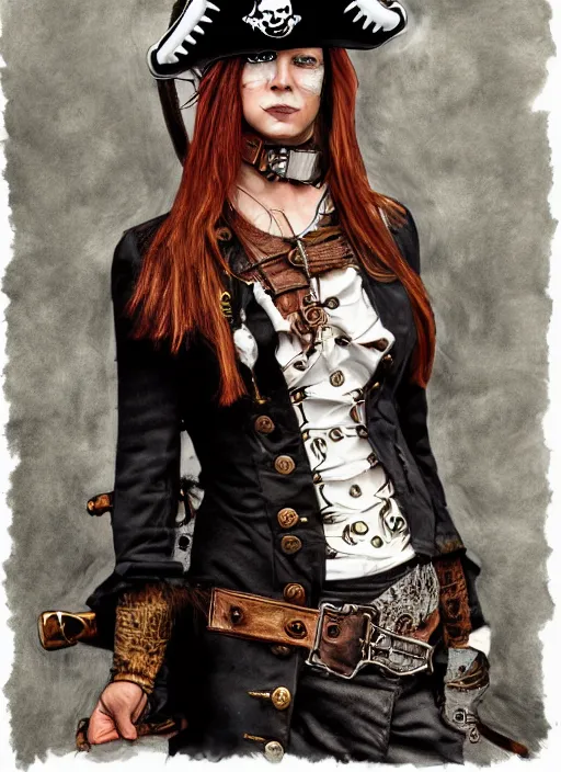 Image similar to a drawing of a woman wearing a pirate costume, a character portrait by Steve Argyle, featured on deviantart, modern european ink painting, steampunk, detailed painting, airbrush art