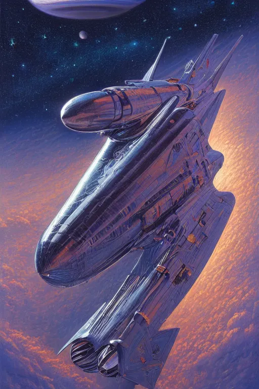 Prompt: shiny aluminum rocket ship in cosmic space by tim hildebrandt, wayne barlowe, bruce pennington, donato giancola, larry elmore, v wing, b - 2 bomber, world war 2, masterpiece, trending on artstation, cinematic composition, beautiful lighting, sharp, details, hd, 8 k