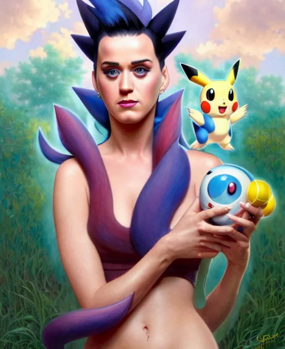 Image similar to katy perry as a character in pokemon, mottled coloring, adorable, childlike, pastoral environment, ultra realistic, concept art, art nouveau, photorealistic, octane render, 8 k, unreal engine. art by christopher marley and artgerm and greg rutkowski and alphonse mucha