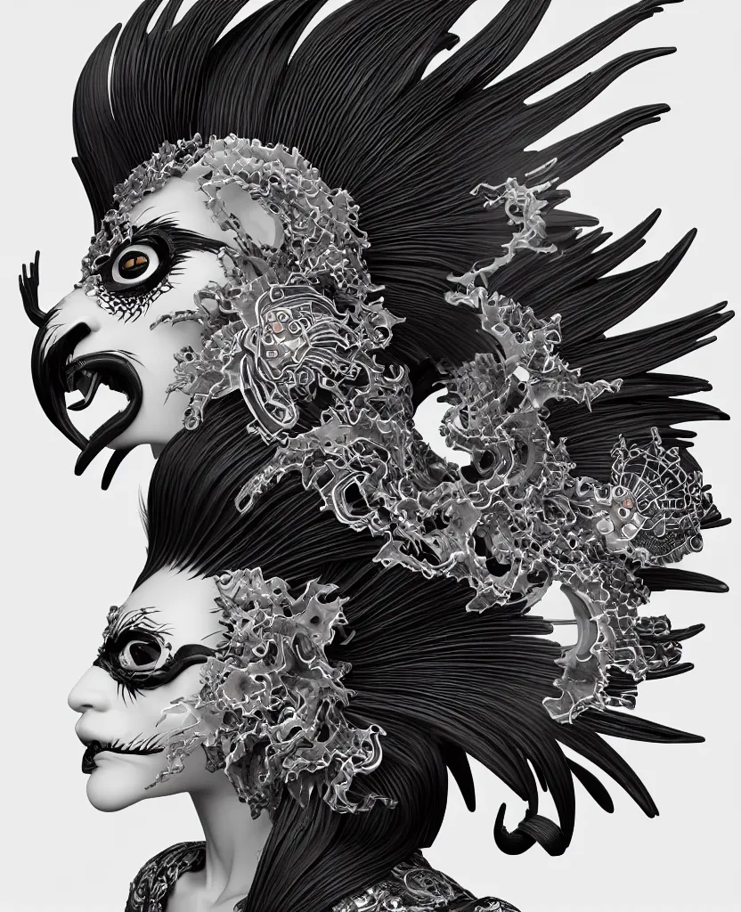 Image similar to 3 d goddess close - up profile portrait punk with mohawk with ram skull. beautiful intricately detailed japanese crow kitsune mask and clasical japanese kimono. betta fish, jellyfish phoenix, bio luminescent, plasma, ice, water, wind, creature, artwork by tooth wu and wlop and beeple and greg rutkowski