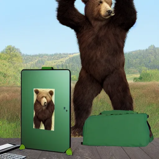 Image similar to big realistic bear standing on two legs, wearing green square backpack at his back, photo realistic, high detail, smooth