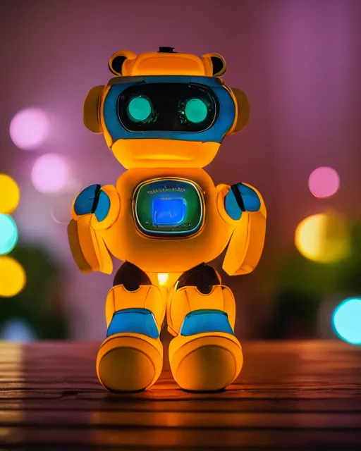 Image similar to high quality presentation night photo of an illuminated cute retro toy robot teddy bear, photography 4k, f1.8 anamorphic, bokeh, 4k, Canon, Nikon