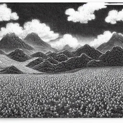 Image similar to Tall mountains, flower field by Kentaro Miura, highly detailed, black and white