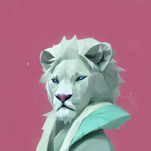 Image similar to aesthetic portrait commission of a albino male furry anthro low-poly lion wearing a cute mint colored cozy soft pastel winter outfit, winter Atmosphere. Character design by charlie bowater, ross tran, artgerm, and makoto shinkai, detailed, inked, western comic book art, 2021 award winning painting