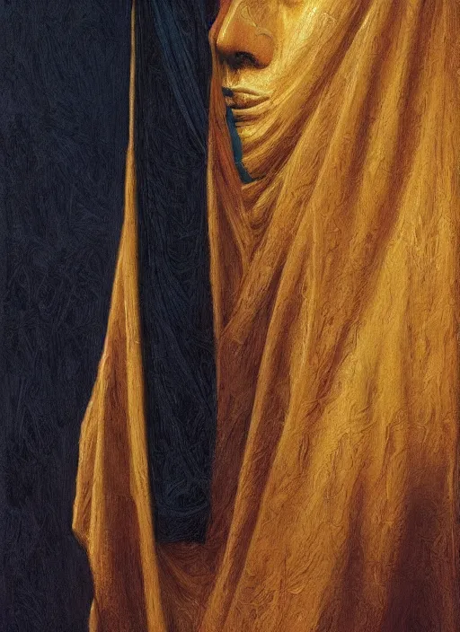 Prompt: a silhouette dressed with a shroud wearing a egyptian golden mask, by jean delville and sophie anderson and mandy jurgens, golden ratio, perfect composition, elegant, no crop, extremely detailed, hd, masterpiece, artstation