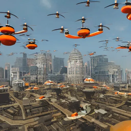 Prompt: a swarm of orange white quadcopters flies among big spherical buildings, moon colonial station, photorealistic, 2 0 2 2