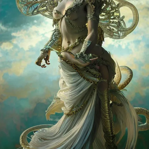 Image similar to a a very detailed stunning dynamic pose full body of a celestial goddess of the dragons, intricate, 8k highly professionally detailed, hdr, CGSociety, dark fantasy, dynamic lighting, cinematic, pristine, smooth, cosplay, elegant, sharp focus, a very detailed art by alphonse mucha and greg rutkowski,