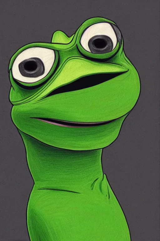 Image similar to portrait drawing of pepe the frog, ultra detailed highly realistic, trending on artstation, rule of thirds, extreme high detail, soft lighting, rim light, volumetric lighting and effects,