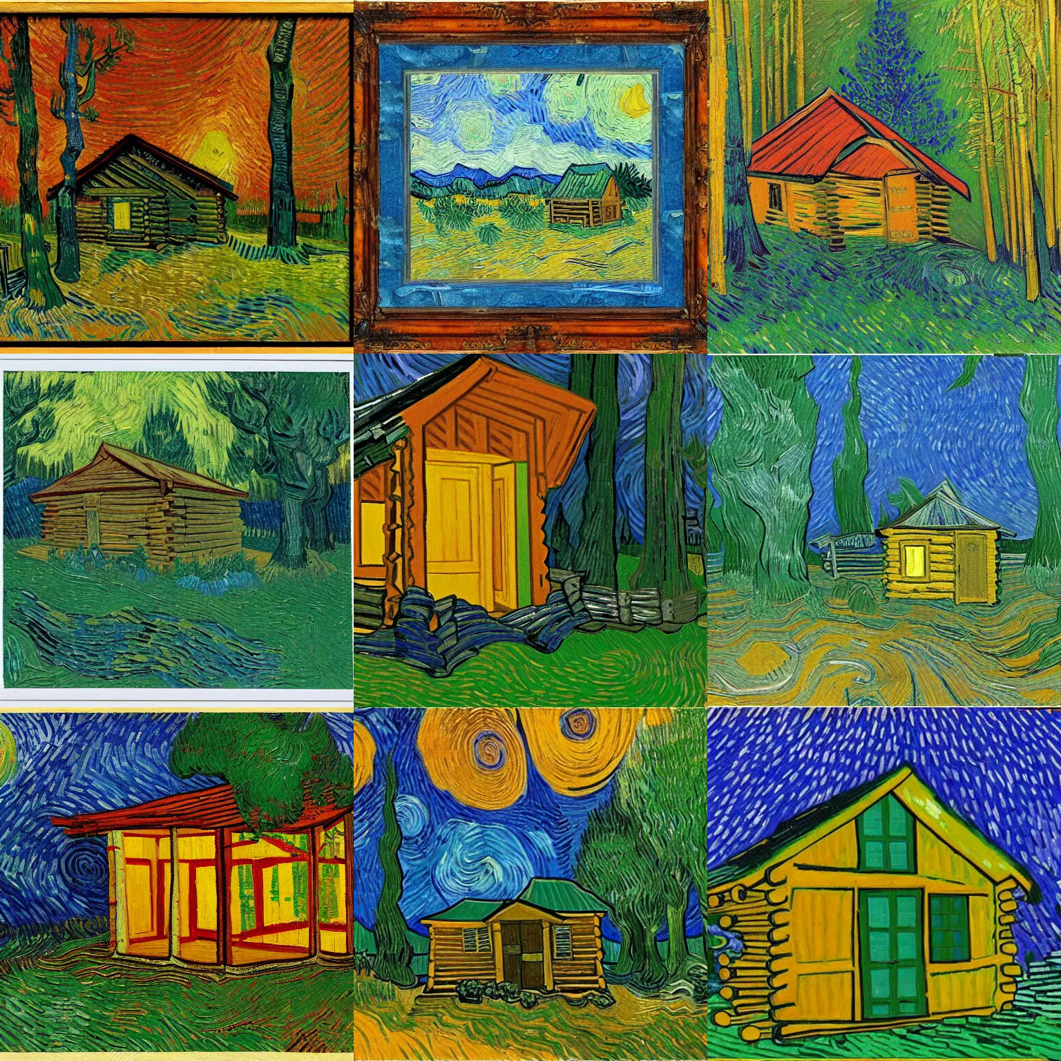 Prompt: [ a log cabin in the forest ] [ van gogh ] [ chromatic ]