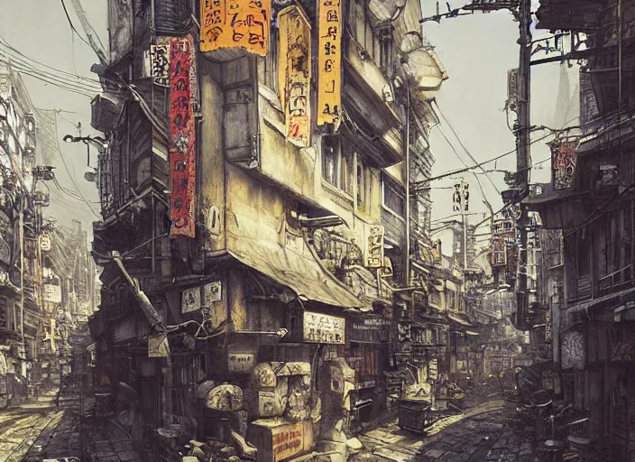 Prompt: street in osaka, jpeg artefacts on canvas, by seb mckinnon and james gurney and greg rutkowski, highly detailed, pov
