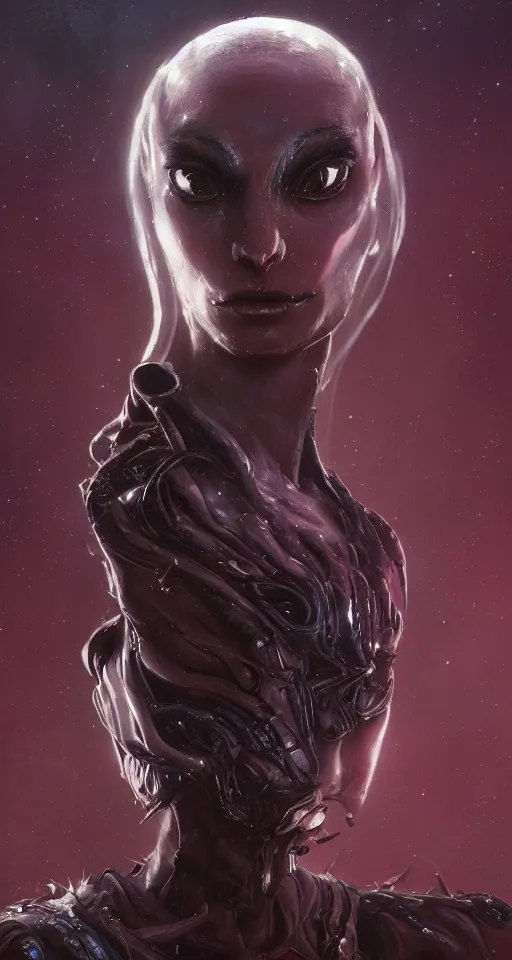 Image similar to A fancy portrait of an alien women by Greg Rutkowski, Sung Choi, Mitchell Mohrhauser, Maciej Kuciara, Johnson Ting, Maxim Verehin, Peter Konig, Bloodborne, 8k photorealistic, cinematic lighting, HD, high details, dramatic, dark atmosphere, trending on artstation