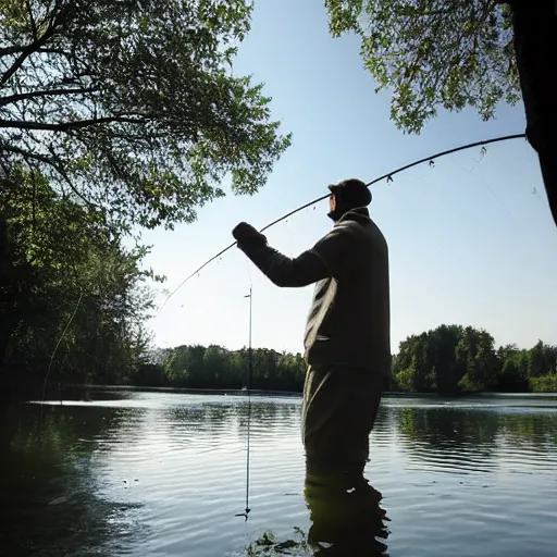 Prompt: man fishing into a river with a sci - fi nuclear containment building in the background, trees, a sense of hope and optimism, harsh sunlight