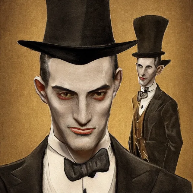 Image similar to photorealistic sepia full - head portrait of a 1 9 2 0 s era smirking male occultist, well dressed, long - tailed tuxedo coat, atmospheric lighting, dark, brooding, painted, intricate by thierry doizon, ultra detailed, well composed, best on artstation, cgsociety, epic, stunning, gorgeous, intricate detail, much wow, masterpiece