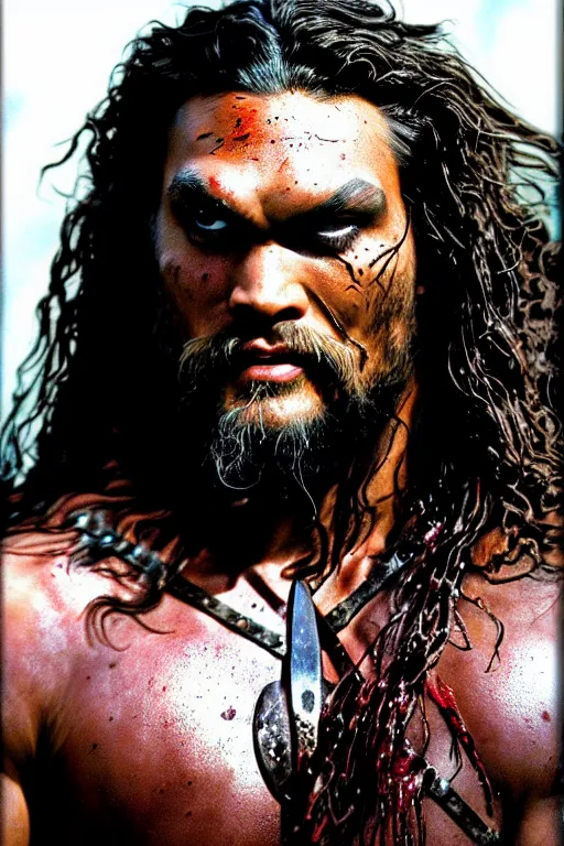 Image similar to closeup portrait of jason momoa conan the barbarian thor fighting zombies on a post apocalyptic battlefield, wearing royal crimson fantasy ornate spartan dragon scale armor, volumetric lighting, wet skin and windblown hair, muscular!!!, battle action pose, frank frazetta, boris vallejo, greg rutkowski cinematic light, frank miller, ridley scott, high contrast