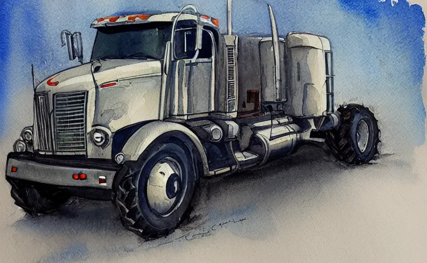 Prompt: concept art of a tractor truck, pinterest, artstation trending, behance, watercolor, by coby whitmore, silver, laser light,