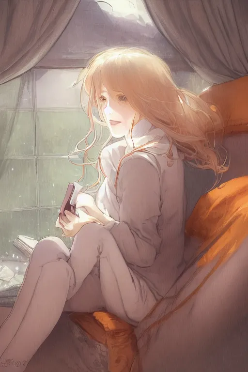 Image similar to a teenage girl in a jk uniform outfit in the bedroom reading a book in a night, raining outside the window, grey and orange theme ， wavy white long hair, by krenz cushart and mucha and akihito yoshida and greg rutkowski and wlop, detailed eyes, 4 k resolution