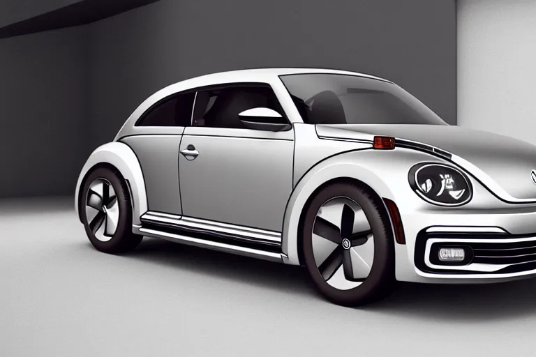 Image similar to Advertisement banner of the new electric Volkswagen Beetle 2023, gullwing doors, silver chrome color, concept car, Syd Mead, minimalist lines, wooden interior, retro futuristic style!!!!! 4k,professional photograph, award winning advertising, creative