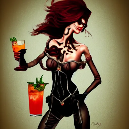 Prompt: Female death holding a cocktail, kodachrome, high contrast, highly detailed, sharp focus, digital painting, concept art, illustration, trending on artstation,