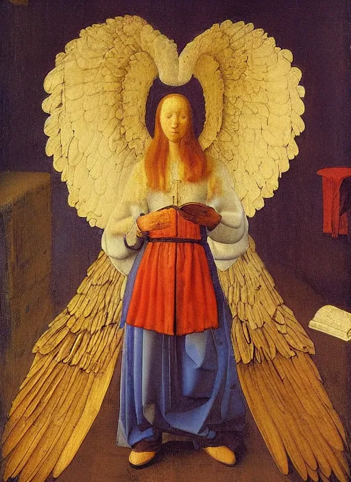 Image similar to angel wings, medieval painting by jan van eyck, johannes vermeer