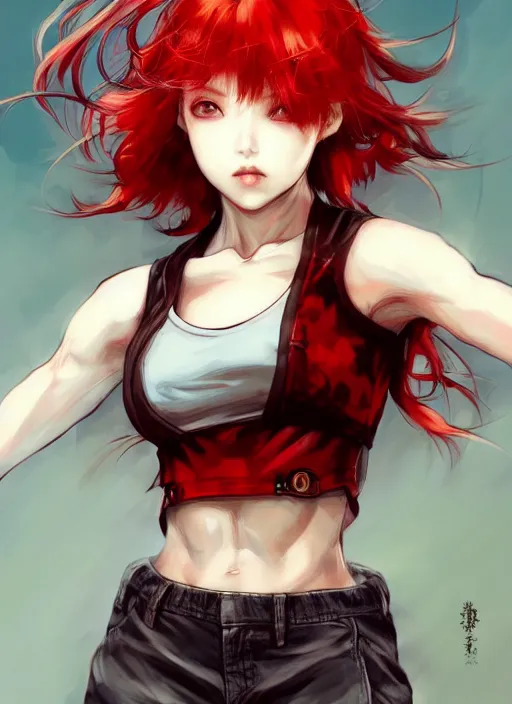 Image similar to fullbody!! yoshitaka amano and ayami kojima gorgeous girl symmetrical face, short red hair, crop top, shorts, dynamic action pose, hyper detailed, character concept, intricate, elegant, digital painting, artstation, smooth, sharp focus