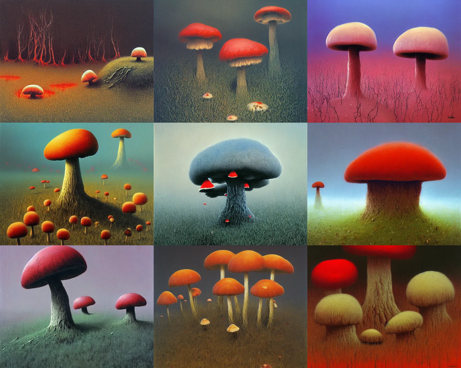 Prompt: painting of cute fluffy bloody mushrooms crawling on glowing ground by zdzislav beksinski