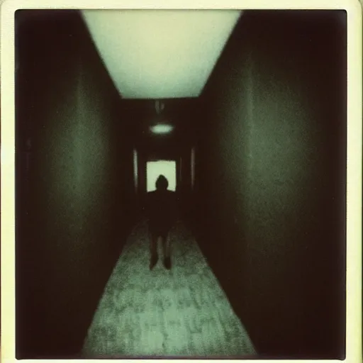 Image similar to a terrifying creature at the end of a hallway, dark!, creepy, nightmare fuel!!!, unsettling, uncanny valley!, old polaroid, expired film,