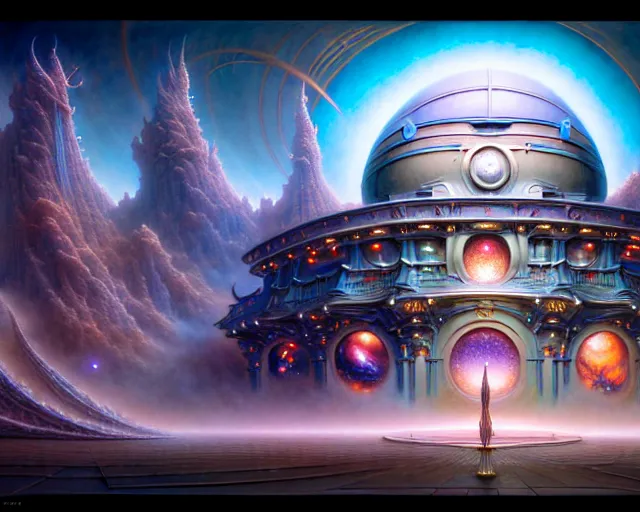 Image similar to street view the grand observatory, fantasy landscape made of fractals facing each other, ultra realistic, wide angle, intricate details, the fifth element artifacts, highly detailed by peter mohrbacher, hajime sorayama, wayne barlowe, boris vallejo, aaron horkey, gaston bussiere, craig mullins