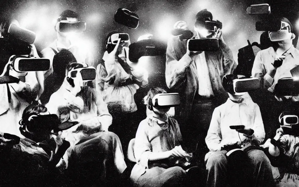 Image similar to 1 9 0 0 s photo of people using iphones ipods virtual reality headsets vr in a movie theater double exposure masterpiece