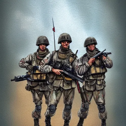 Image similar to retro, hd illustration of military troops, inspired by watercolor masterpieces, trending on artstation, 4 k