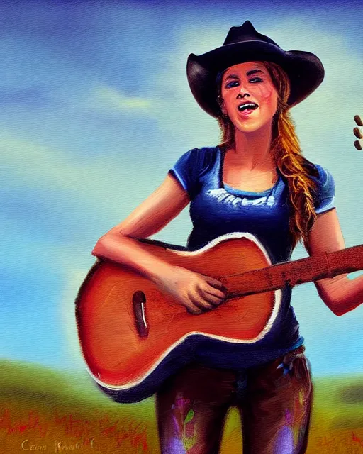 Prompt: a painting of a cowgirl playing a guitar and singing outdoors with texas hill - country in background, in the style of casey baugh, digital art