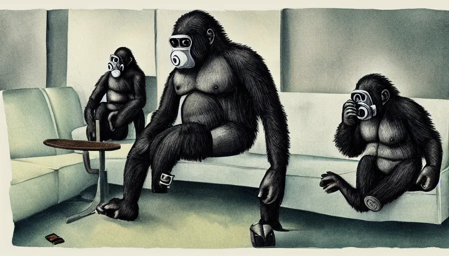 Image similar to great ape wearing a gas mask sitting on a couch, in the style of gregory crewdson and ikrenz cushart