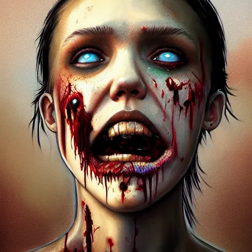 Image similar to color head portrait of jessica alba crying as a zombie, 7 days to die zombie, gritty background, fine art, award winning, intricate, elegant, sharp focus, cinematic lighting, digital painting, 8 k concept art, art by michael hussar, art by brom, art by guweiz and z. w. gu, 8 k