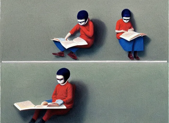 Image similar to a very boring day in school, kids wearing identical clothes reading books, teachers without faces, painting by quint buchholz and ray caesar, muted colors, gray, dull, boring, low energy, pale blue faces, very detailed