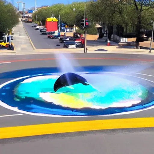 Prompt: a multicolor whale breaching in a spray of blue water from the middle of a midwestern american city roundabout. people watch and cheer.