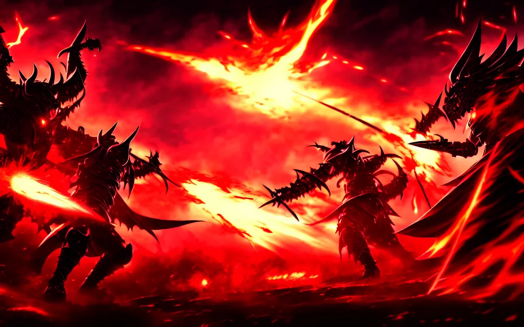 Image similar to an epic anime battle scene between dark demons and fiery powerful armoured heroes, trending on artstation, digital art, 4 k resolution, detailed, high quality, sharp focus, hq artwork, insane detail, concept art, cinematic, volumetric lighting, dramatic lighting, epic light, cinematic aesthetic