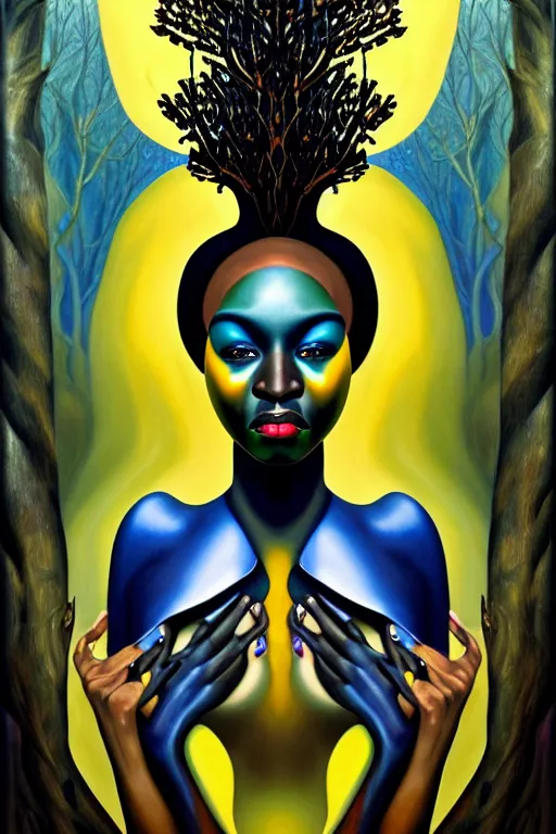 Image similar to hyperrealistic deconstructed super expressive! black woman with exoskeleton armor, merging with tree in a forest, highly detailed digital painting masterpiece smooth de lempicka hannah yata dramatic pearlescent blue yellow light ground angle hd 8k sharp focus
