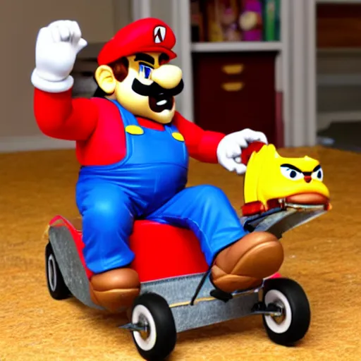 Prompt: wario riding a cart from mario 6 4 action figure